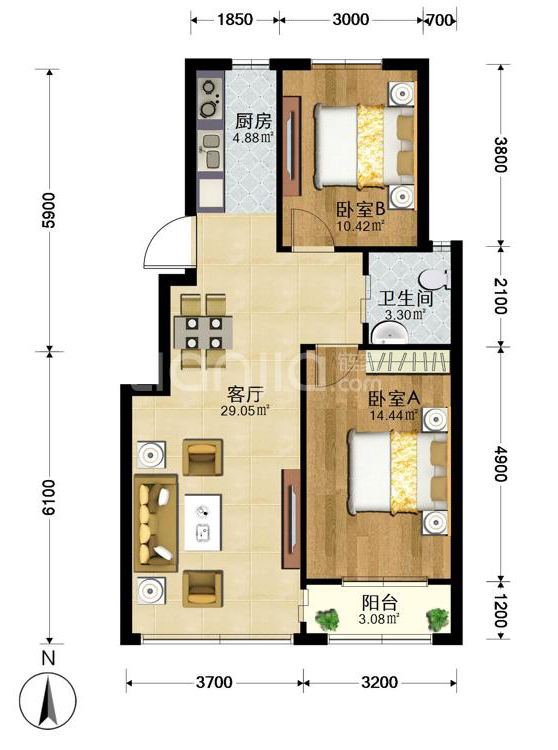 福佳机场前院90平户型图