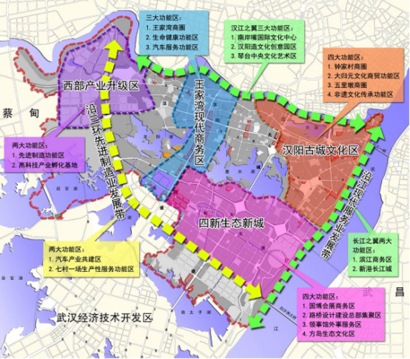 四新往东可通过白沙洲大桥或者杨泗港长江大桥可直达武昌,往北可沿